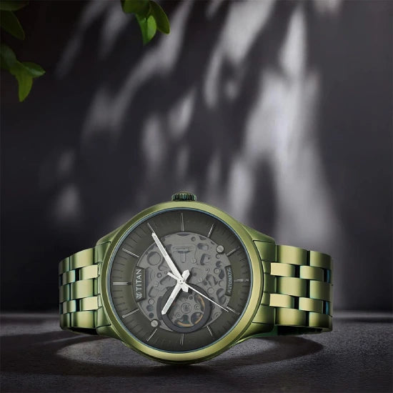 Titan Metal Mechanicals Black Dial Green Stainless Steel Strap Watch for Men