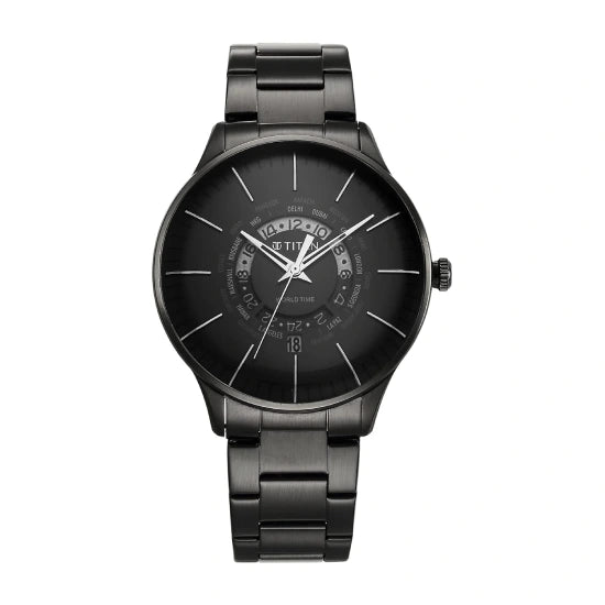Titan Quartz World Time with Date Black Dial Black Stainless Steel Strap Watch for Men