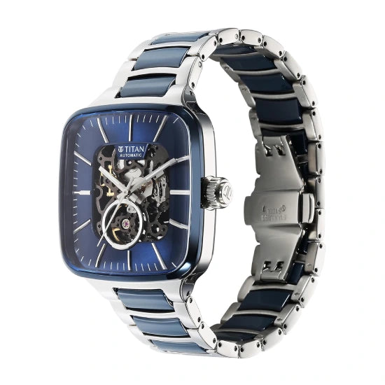 Titan Ceramic Fusion Automatic Square Blue Dial Rose Gold Dual-Toned Stainless Steel Bracelet Watch for Men
