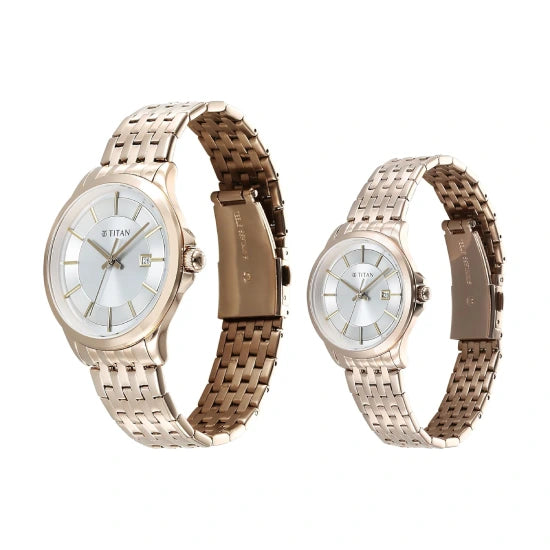 Titan Bandhan Quartz Analog with Date Silver Dial Rose Gold Stainless Steel Strap Watch For Couple