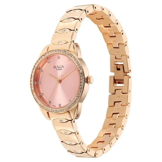Titan Raga Showstopper Quartz Analog Pink Round Dial Rose Gold Metal Strap Watch For Women
