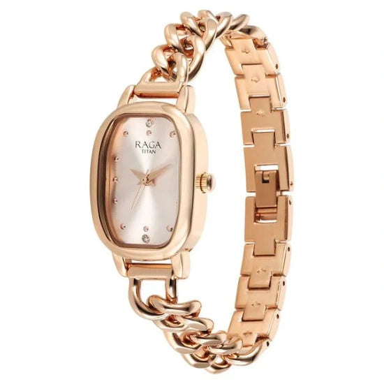 Titan Raga Showstopper Quartz Analog Rose Gold Dial Metal Strap Watch For Women