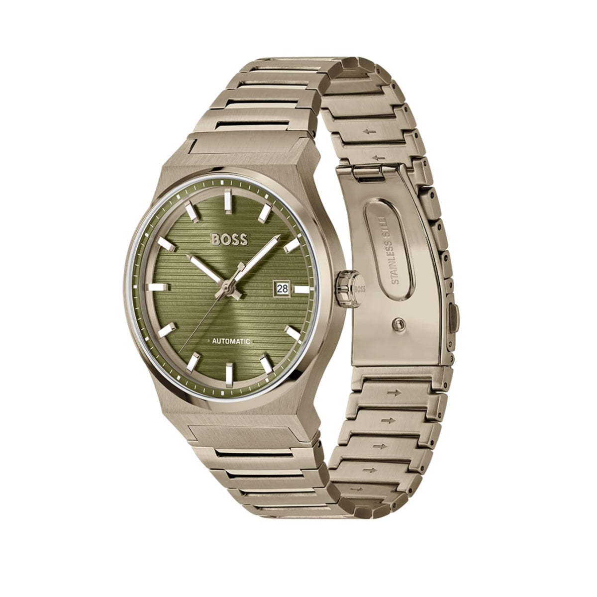 BOSS Candor Auto Mech-Automatic Olive Green Round Dial Men's Watch|Ionic Plated Beige Gold Steel Material|Gold Color Band