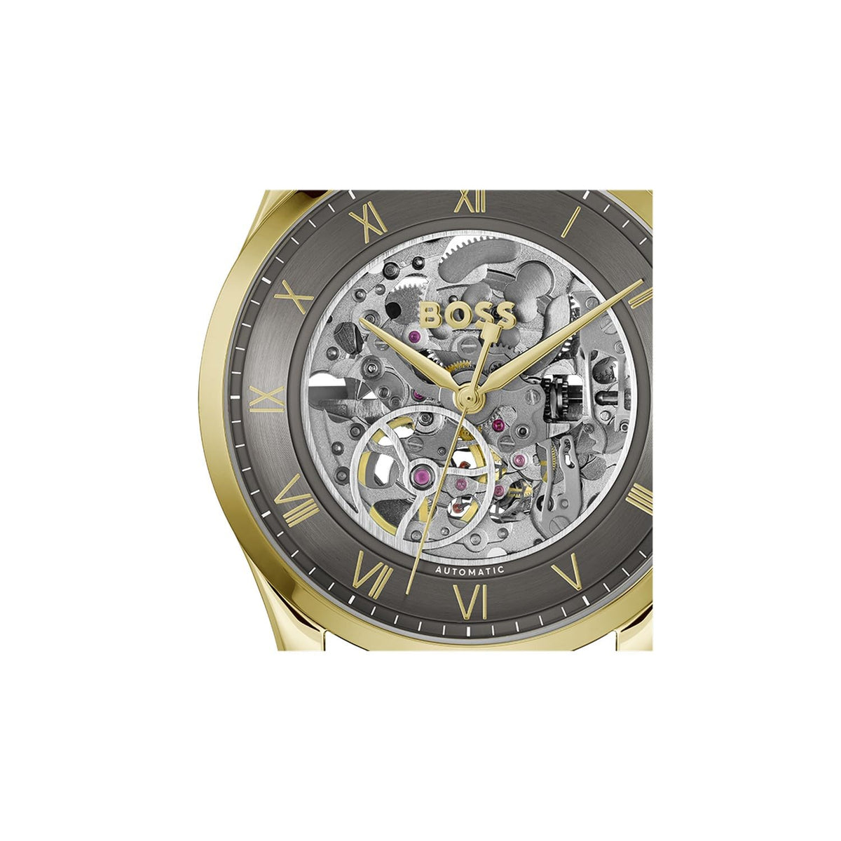 BOSS Principle Skeleton Mech-Automatic Dark Grey Round Dial Men's Watch|Brown Calfskin Material|Brown Color Band