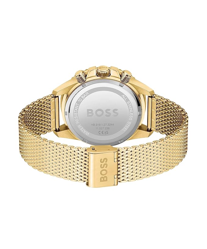 BOSS Admiral Qtz Fashion Chrono Black Round Dial Men's Analog Watch|Ionic Plated Thin Gold Steel Material|Gold Color Band