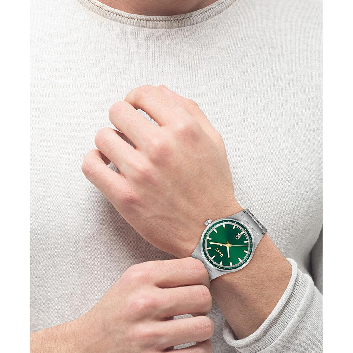 BOSS Candor Qtz Basic Calendar Green Round Dial Men's Analog Watch|Stainless Steel Material|Silver Color Band