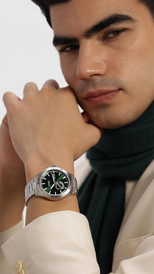 Hugo BOSS Analog Watch Troper Automatic Mech-Automatic Green Round Dial Men's Watch|Stainless Steel Material|Silver Color Band