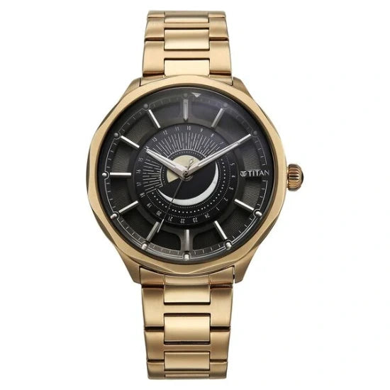 Titan Stellar Analog with Sun Moon Phase and Black Dial Carnation Gold Stainless Steel Strap Watch for Men
