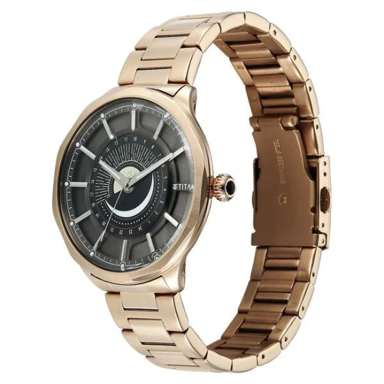 Titan Stellar Analog with Sun Moon Phase and Black Dial Carnation Gold Stainless Steel Strap Watch for Men