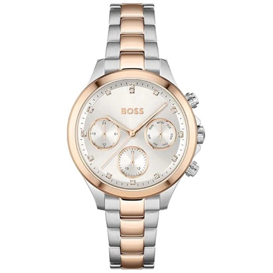 HUGO BOSS Hera Qtz Multifunction Silver White Round Dial Women's Watch|Two Tone Stainless Steel Material|Silver Color Band