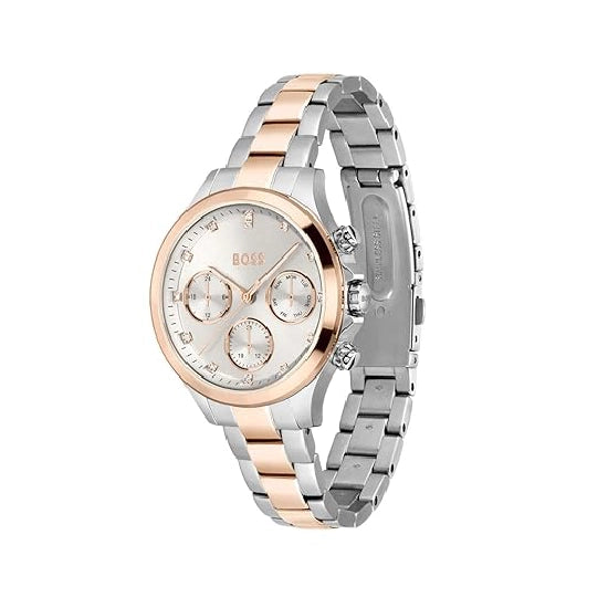 HUGO BOSS Hera Qtz Multifunction Silver White Round Dial Women's Watch|Two Tone Stainless Steel Material|Silver Color Band