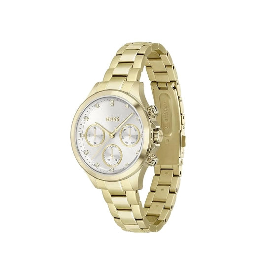 BOSS Hera Qtz Multifunction Silver White Round Dial Women's Watch|Ionic Plated Thin Gold Steel Material|Gold Color Band