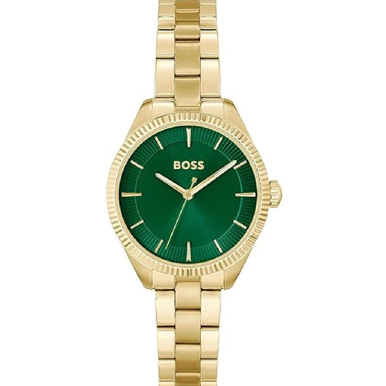 HUGO BOSS Sage Qtz Basic Green Round Dial Women's Analog Watch|Ionic Plated Thin Gold Steel Material|Gold Color Band