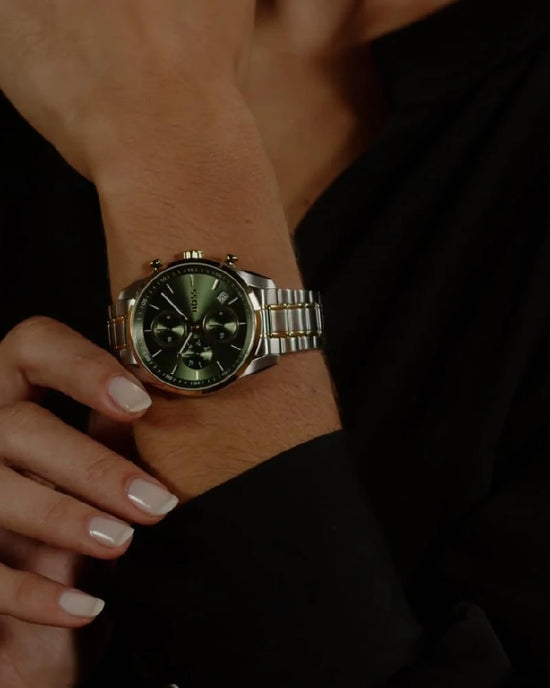 BOSS Grand Tour Ladies Qtz Chrono Green Round Dial Women's Watch|Two Tone Stainless Steel Material|Silver Color Band