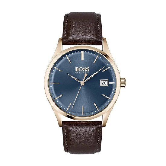 Hugo Boss Commissioner Leather Analog Men's Watch,Blue Dial Brown Colored Strap