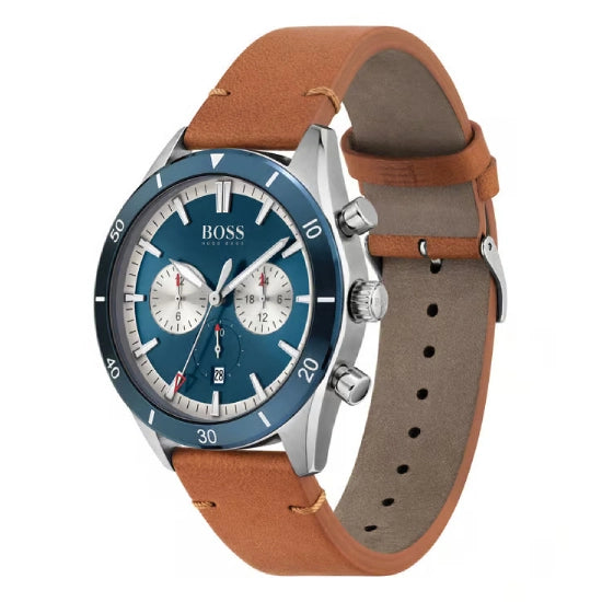 Hugo Boss Santiago Multifunction Blue Round Luminous Dial Men's Leather Watch
