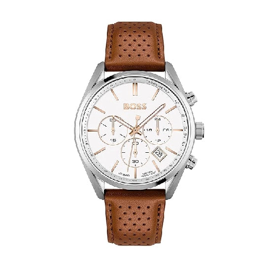Hugo Boss Champion Leather Analog Men's Watch-White Dial Brown Coloured Strap