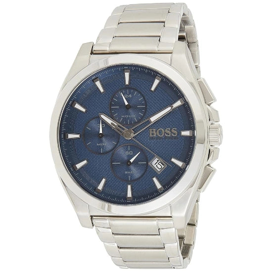BOSS Grandmaster Qtz Fashion Chrono Blue Round Dial Men's Watch|Stainless Steel Material|Silver Color Band
