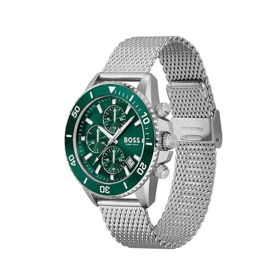 BOSS Admiral Qtz Fashion Chrono Green Round Dial Men's Analog Watch|Stainless Steel Material|Silver Color Band