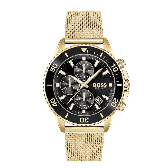 BOSS Admiral Qtz Fashion Chrono Black Round Dial Men's Analog Watch|Ionic Plated Thin Gold Steel Material|Gold Color Band