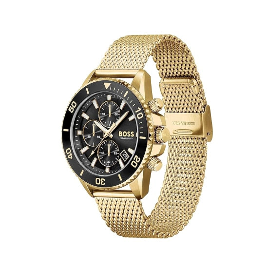 BOSS Admiral Qtz Fashion Chrono Black Round Dial Men's Analog Watch|Ionic Plated Thin Gold Steel Material|Gold Color Band