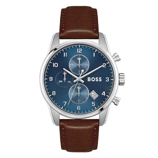 Hugo Boss Leather Skymaster Analog Blue Dial Men's Watch-Band Color-Brown