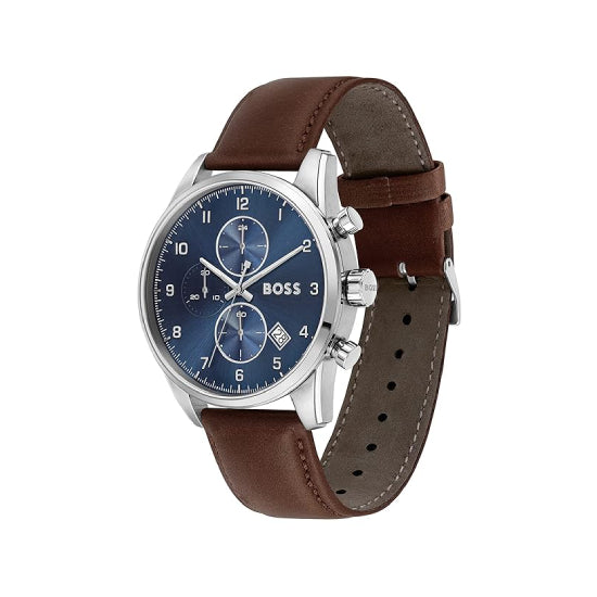 Hugo Boss Leather Skymaster Analog Blue Dial Men's Watch-Band Color-Brown
