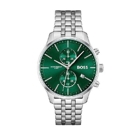 BOSS Men Associate Qtz Fashion Chrono Green Round Dial Analog Watch|Stainless Steel Material|Silver Color Band