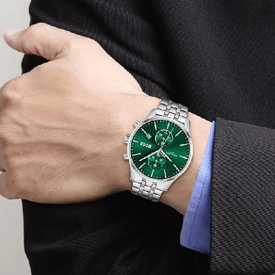 BOSS Men Associate Qtz Fashion Chrono Green Round Dial Analog Watch|Stainless Steel Material|Silver Color Band