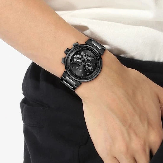 Boss One Qtz Fashion Chrono Black Dial Men's Watch|Ionic Plated Steel Material|Black Color Band