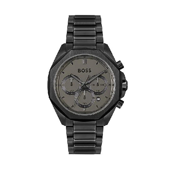 BOSS Cloud Qtz Fashion Chrono Grey Round Dial Men's Analog Watch|Ionic Plated Black Steel Material|Black Color Band