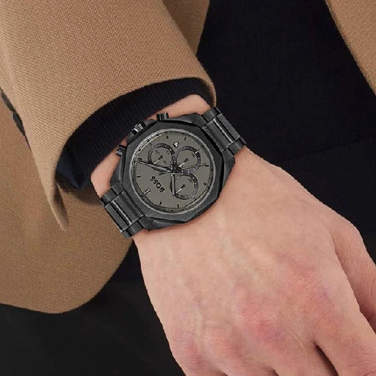 BOSS Cloud Qtz Fashion Chrono Grey Round Dial Men's Analog Watch|Ionic Plated Black Steel Material|Black Color Band