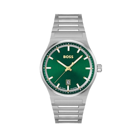 Click to see full view BOSS Candor Qtz Basic Calendar Green Round Dial Men's Analog Watch|Stainless Steel Material|Silver Color Band