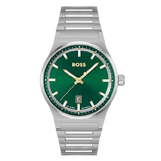 BOSS Candor Qtz Basic Calendar Green Round Dial Men's Analog Watch|Stainless Steel Material|Silver Color Band