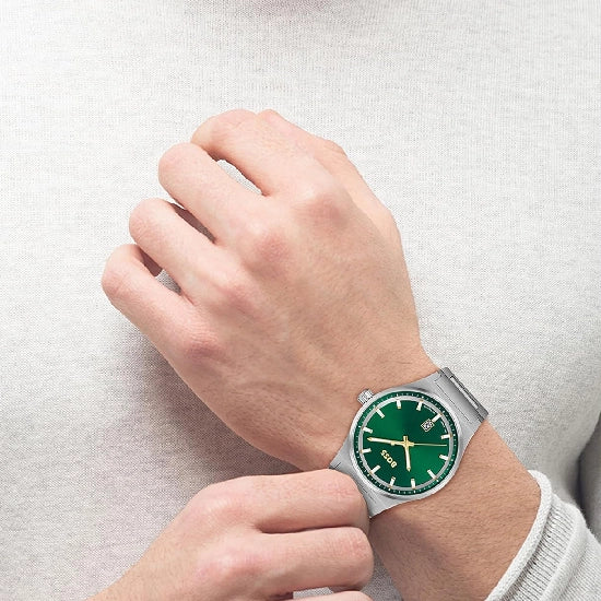 Click to see full view BOSS Candor Qtz Basic Calendar Green Round Dial Men's Analog Watch|Stainless Steel Material|Silver Color Band