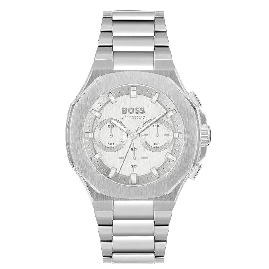 BOSS Taper Qtz Fashion Chrono Silver Tonneau Dial Men's Analog Watch|Stainless Steel Material|Silver Color Band