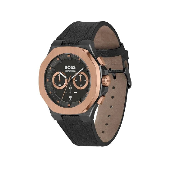 BOSS Taper Qtz Fashion Chrono Black Dial Men's Watch|Leather Material|Black Color Band