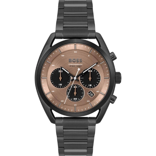 BOSS Top Qtz Fashion Chrono Brown Round Dial Men's Analog Watch|Ionic Plated Black Steel Material|Black Color Band