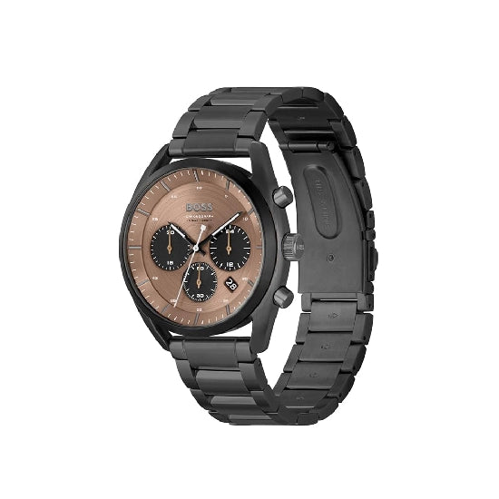 BOSS Top Qtz Fashion Chrono Brown Round Dial Men's Analog Watch|Ionic Plated Black Steel Material|Black Color Band