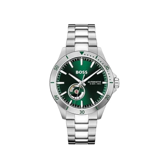 Hugo BOSS Analog Watch Troper Automatic Mech-Automatic Green Round Dial Men's Watch|Stainless Steel Material|Silver Color Band