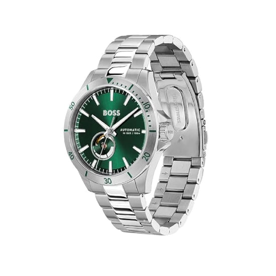 Hugo BOSS Analog Watch Troper Automatic Mech-Automatic Green Round Dial Men's Watch|Stainless Steel Material|Silver Color Band