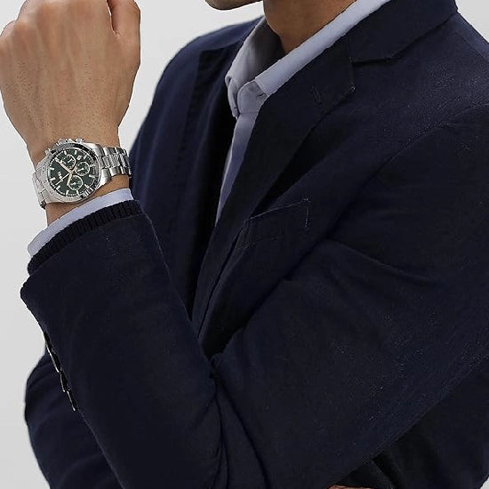 BOSS Hero Qtm Qtz Fashion Chrono Green Round Dial Men's Watch|Stainless Steel Material|Silver Color Band