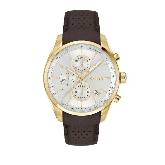 BOSS Grand Prix 44 Qtz Fashion Chrono Silver White Round Dial Men's Watch|Brown Leather Material|Brown Color Band