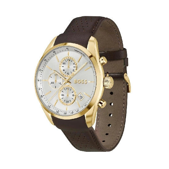BOSS Grand Prix 44 Qtz Fashion Chrono Silver White Round Dial Men's Watch|Brown Leather Material|Brown Color Band