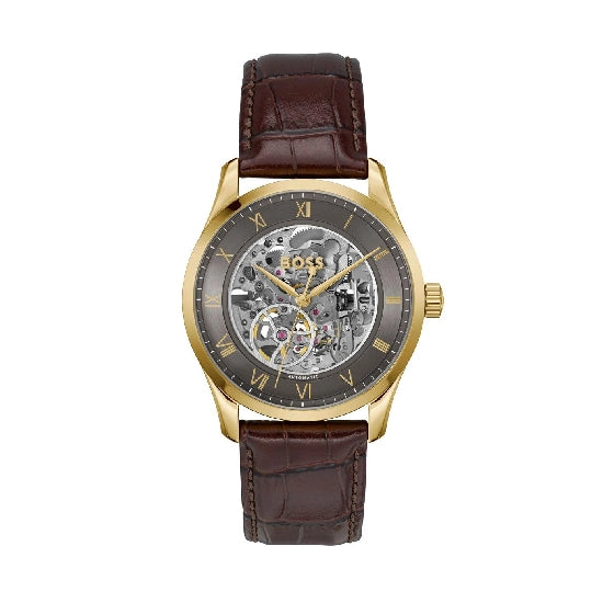 BOSS Principle Skeleton Mech-Automatic Dark Grey Round Dial Men's Watch|Brown Calfskin Material|Brown Color Band