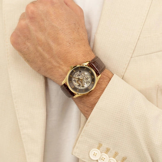 BOSS Principle Skeleton Mech-Automatic Dark Grey Round Dial Men's Watch|Brown Calfskin Material|Brown Color Band