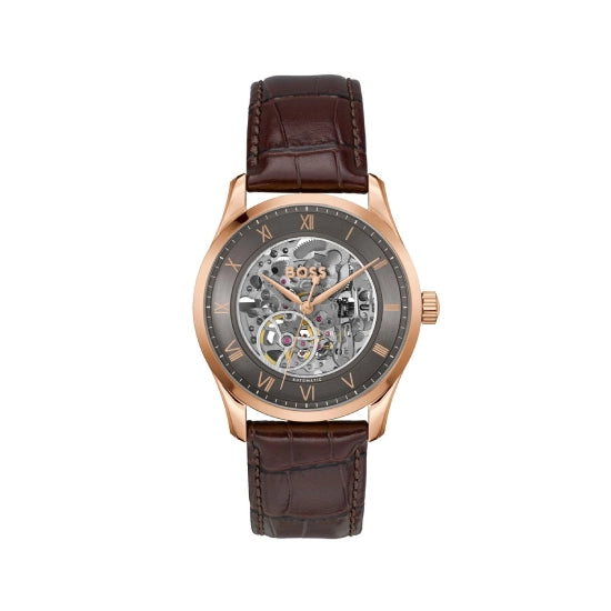 BOSS Principle Skeleton Mech-Automatic Dark Grey Round Dial Men's Watch|Brown Calfskin Material|Brown Color Band