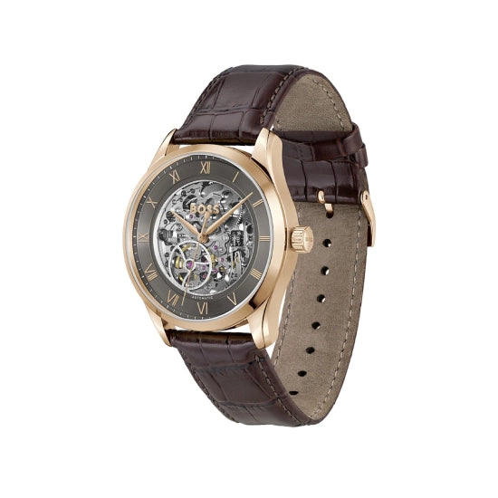 BOSS Principle Skeleton Mech-Automatic Dark Grey Round Dial Men's Watch|Brown Calfskin Material|Brown Color Band