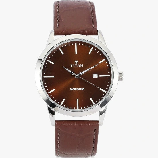 Titan Eco with Date Brown Dial Brown LeatherStrap Analog Watch - For Men