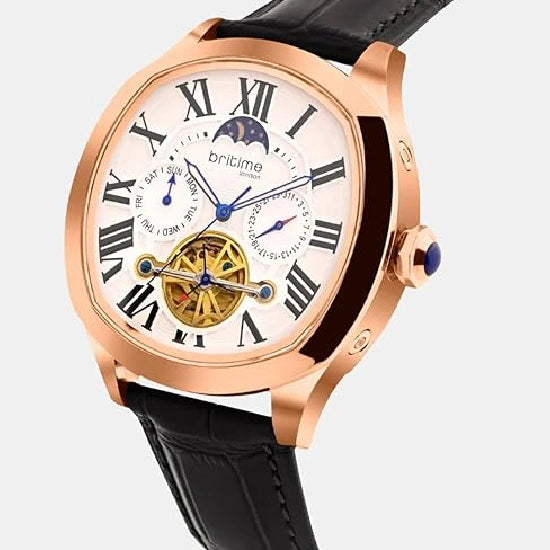 Men Automatic Silver Dial Multi-Function Leather Watch